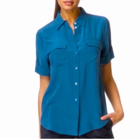 Equipment Silk Slim Signature Short Sleeve Button-Down Blouse Blue - Picture 1 of 9